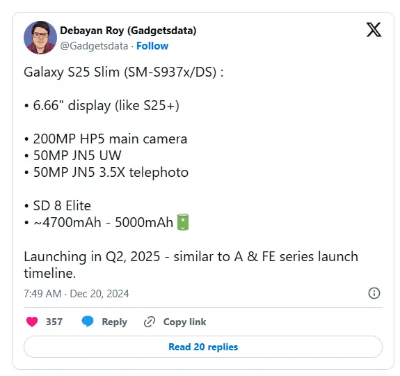 Galaxy S25 Slim specs leaks x