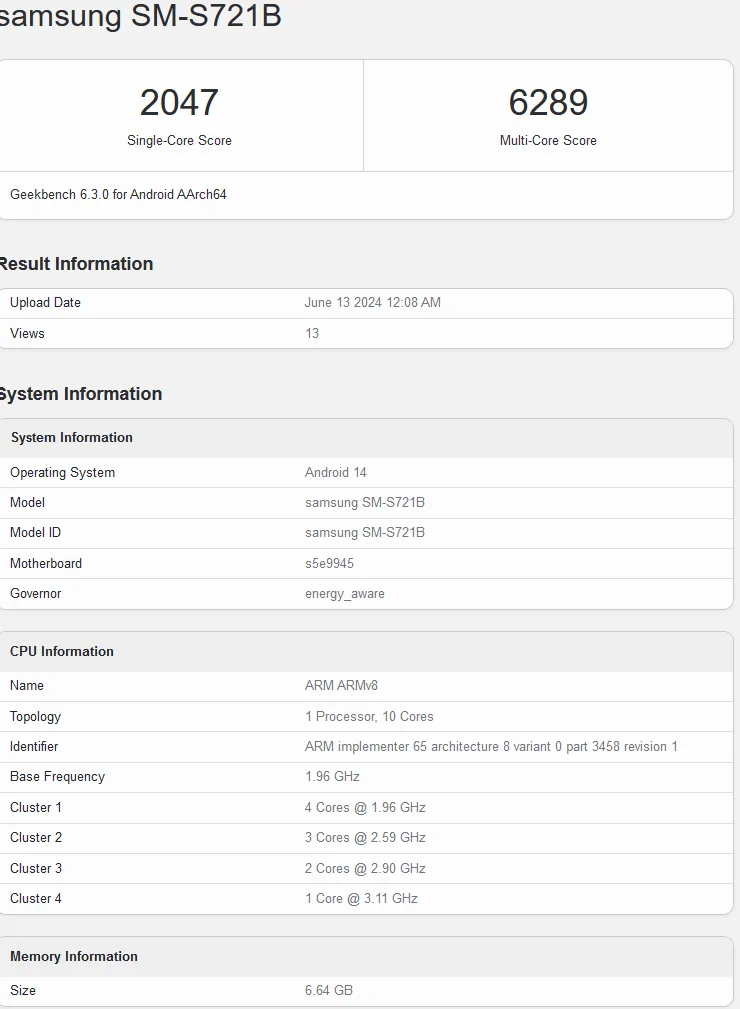 Samsung Galaxy S24 FE geekbench