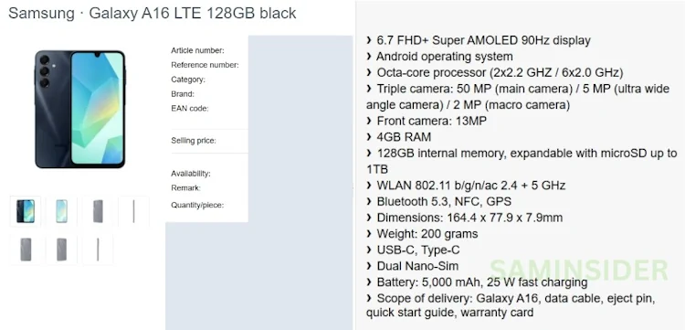 galaxy a16 lte specs