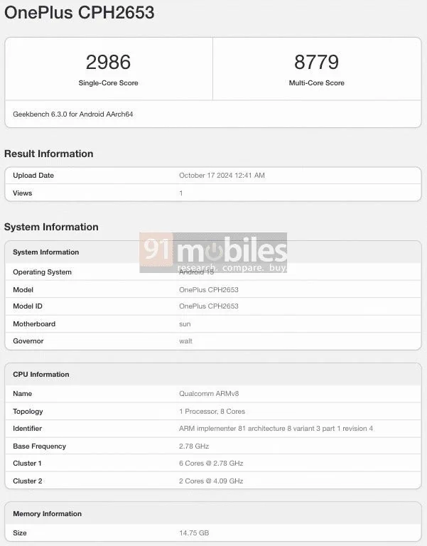oneplus 13 geekbench score