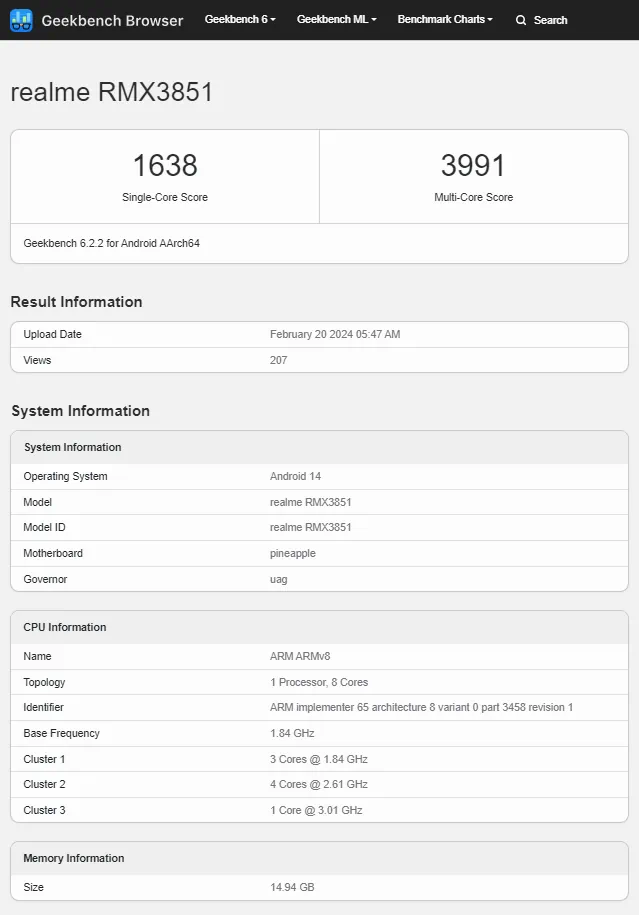 realme gt6 geekbench score