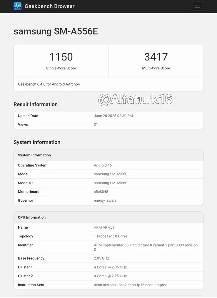 Galaxy A55 5G geekbench android 16