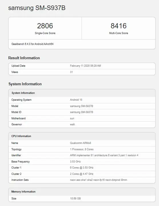Samsung Galaxy S25 Edge visits Geekbench