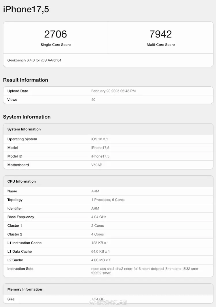 iphone 16e geekbench