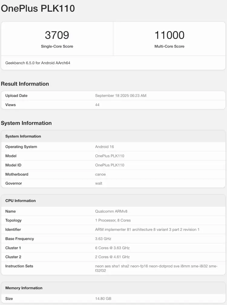 oneplus 15 geekbench