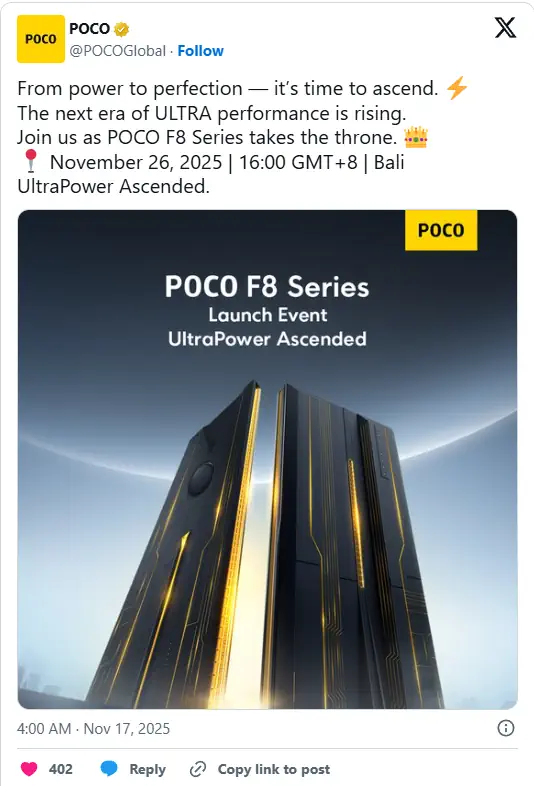 poco f8 series launch banner on x